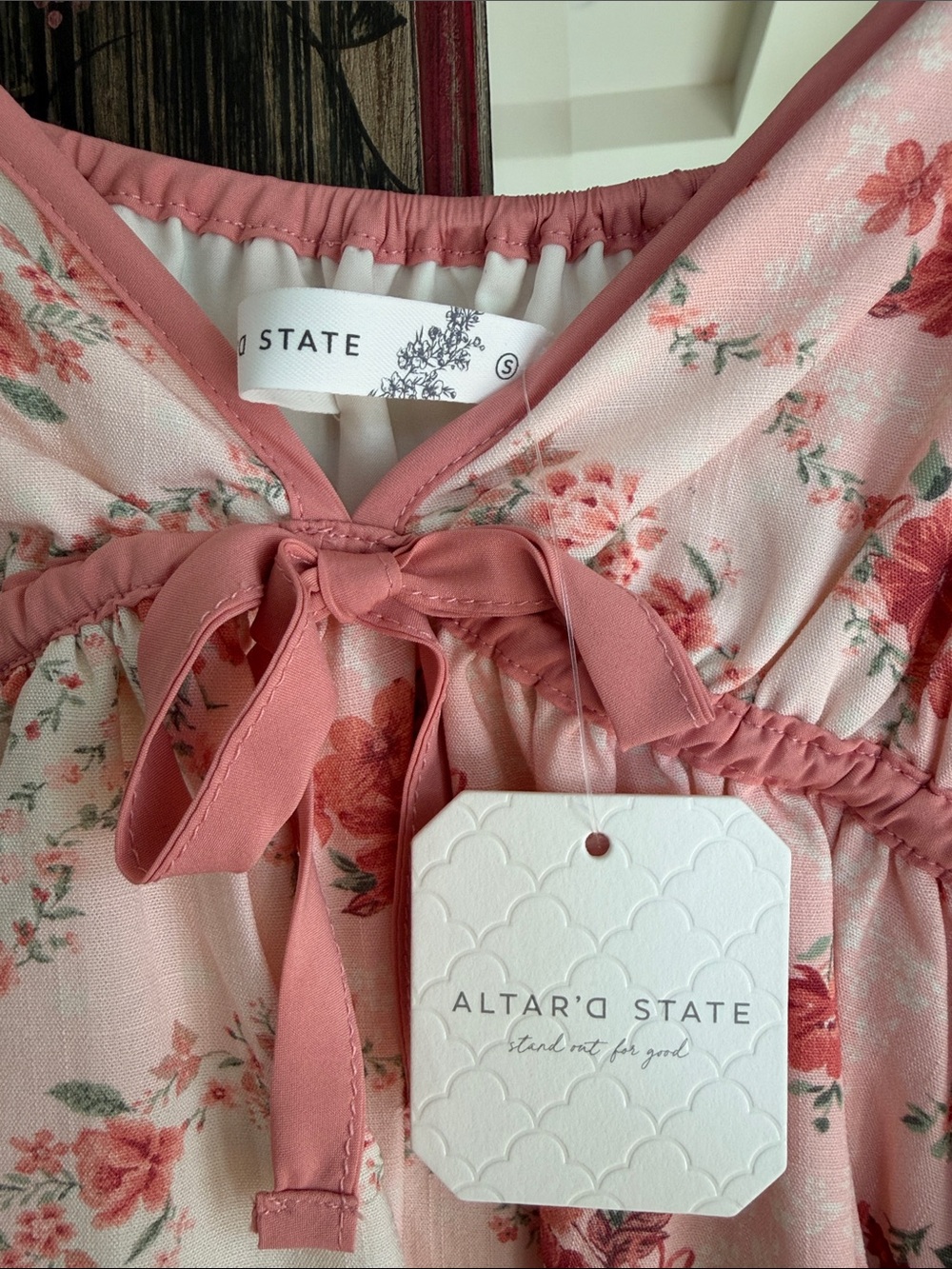 Altar'd State Blush Pink Floral Tie-Front Peasant Top - Picture 2 of 4